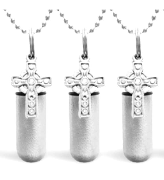 Set of 3 Brushed Silver Anointing Oil Holders with Celtic Crosses - With 3 Velvet Pouches, 3  Ball Chain Necklaces