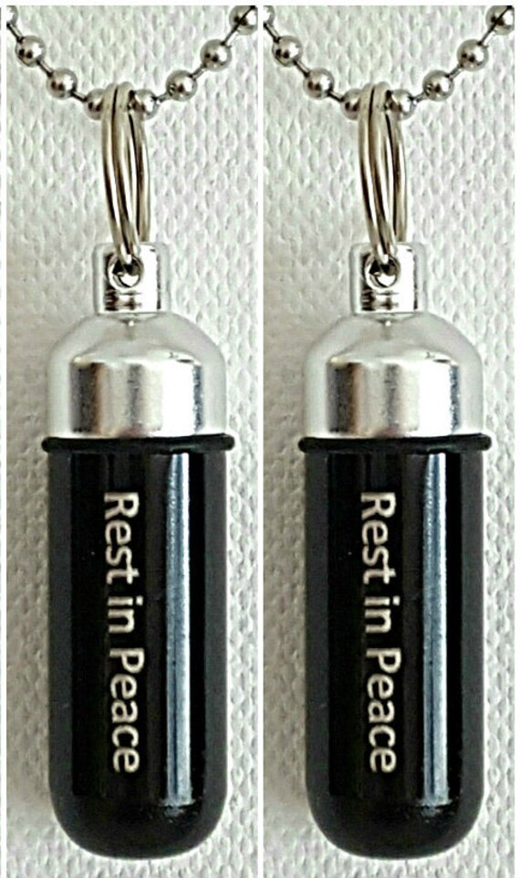 TWO Engraved "Rest In Peace" Black Cremation Urn Necklaces with Velvet Pouches, Ball Chains and Fill Kit