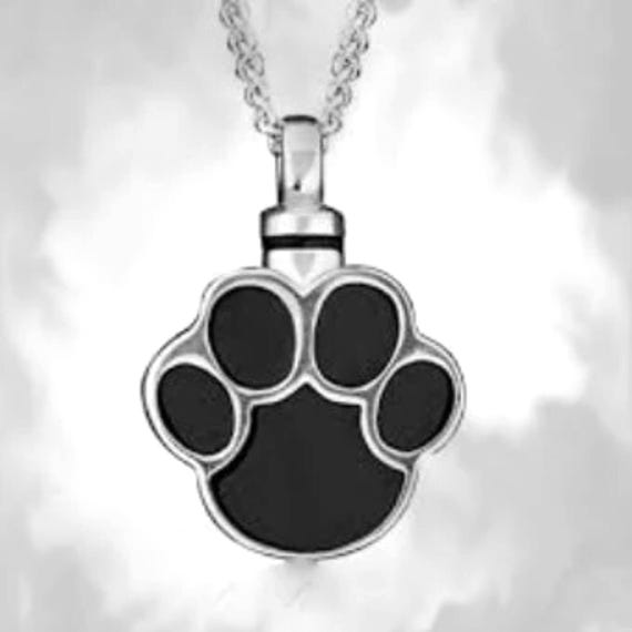 Stainless Steel Silver/Black Paw Shaped Cremation Urn on 24" Curb-Chain Necklace