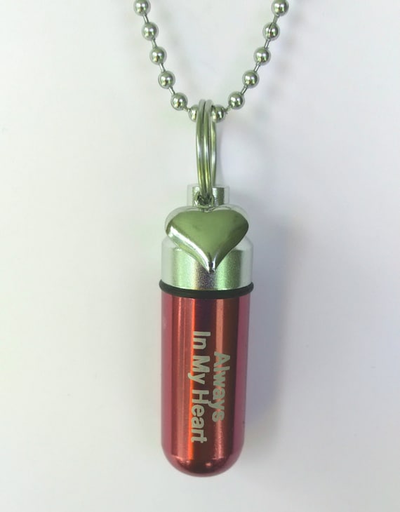 Red/Silver Engraved "Always In My Heart" CREMATION URN NECKLACE with Silver Heart, Velvet Pouch & Fill Kit - Miscarriage Gift, Loss of Child
