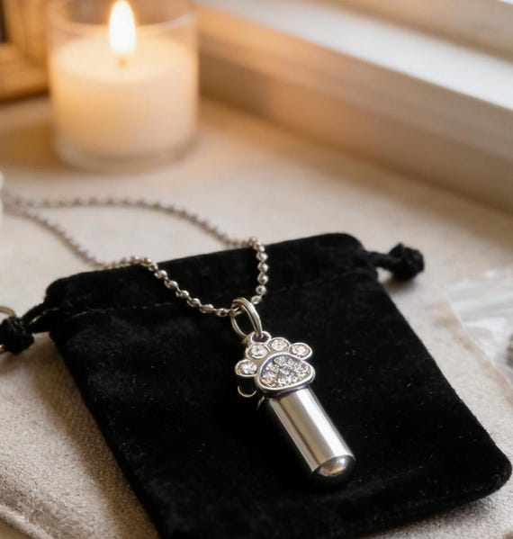 Rhinestone PAW Cremation Urn on 24" Necklace, w/Pouch & Fill Kit - Pet Loss, Pet Urn
