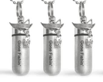 Set Of Three Engraved Brushed Silver "Gone Fishin" CREMATION URN Necklace with Fisherman & Fish - Mourning Jewelry, Urn for Human Ashes