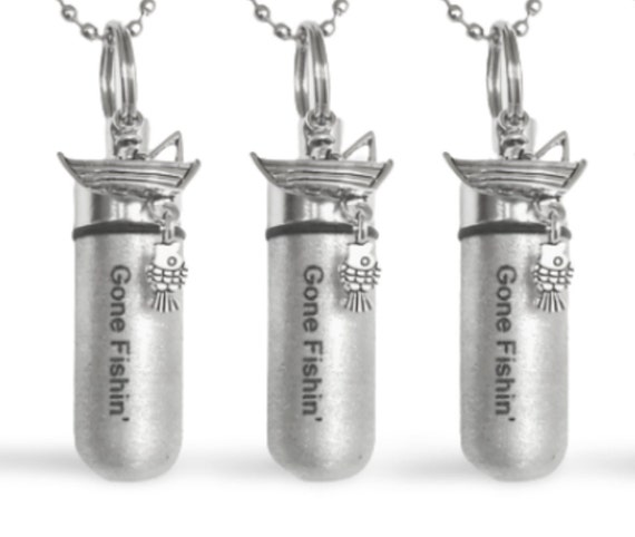 Set Of Three Engraved Brushed Silver "Gone Fishin" CREMATION URN Necklace with Fisherman & Fish - Mourning Jewelry, Urn for Human Ashes