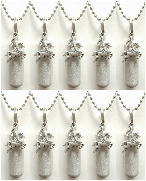Set of 10 Brushed Silver CREMATION URN Necklaces with Pegasus Flying Winged Horse - Includes 10 Velvet Pouches, 10 Ball-Chains & Fill Kit