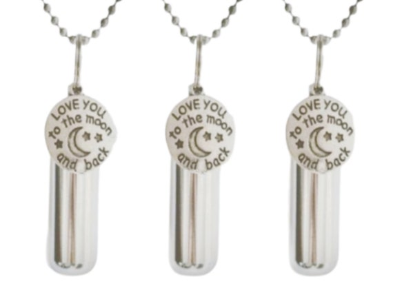 Engravable Set of THREE "I Love You To The Moon & Back" Cremation Urns on 24" Ball Chain Necklaces - Memorial Urn, Ashes Necklace, Pet Urn