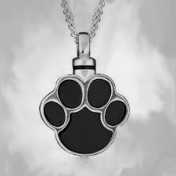 Stainless Steel Silver/Black Paw Shaped Cremation Urn on 24" Curb-Chain Necklace with Velvet Pouch & Fill Kit, Pet Urn, Pet Ashes, Keepsake