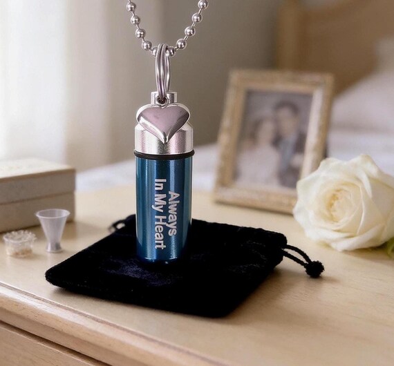 Cremation Jewelry Urn Necklace, Blue with Silver Heart (Velvet Pouch & Fill Kit)