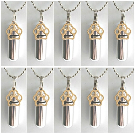 Special Set of 10 Gold Pet Paw 0n Silver CREMATION URN NECKLACES with - Includes 10 Velvet Pouches & Fill Kit