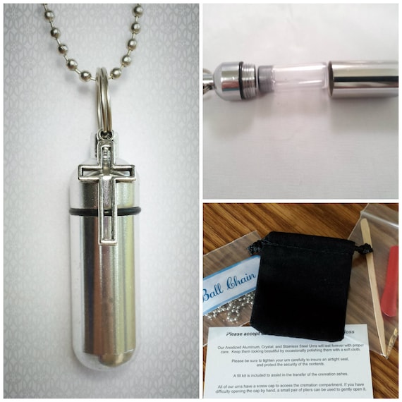 CREMATION URN & Vial on 24" Steel Necklace with Silver Hollow Cross - Personalized Urn, Ashes Urn, Mourning Keepsake, Urn Jewelry, Child Urn