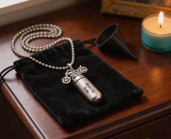 ENGRAVED Brushed Silver Cremation Urn Necklaces "Born To Ride" with Motorcycle, Velvet Pouch, Ball-Chain & Fill Kit