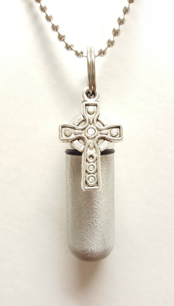 Beautiful Brushed Silver Celtic Cross Anointing Oil Holder, Includes Velvet Pouch, 24" Ball Chain, Prayer, Healing, Baptism, Faith