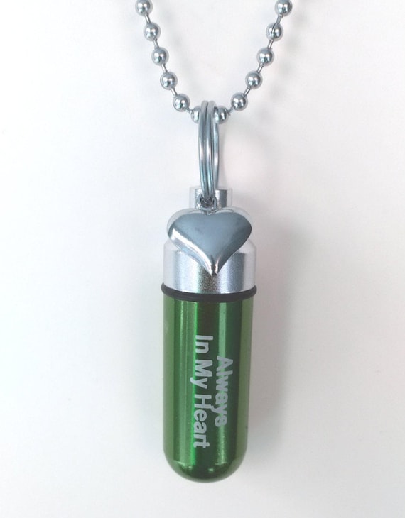 Green Engraved "Always In My Heart" Silver Heart Cremation Urn Necklace, with Velvet Pouch and Fill Kit
