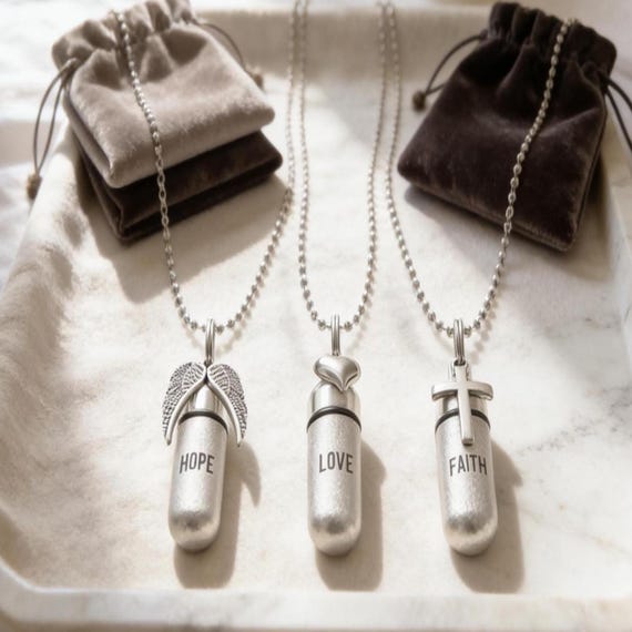 Engraved HOPE LOVE FAITH Brushed Silver Cremation Necklaces, with Wings, Hearts, Crosses, 24" Chains & Pouches