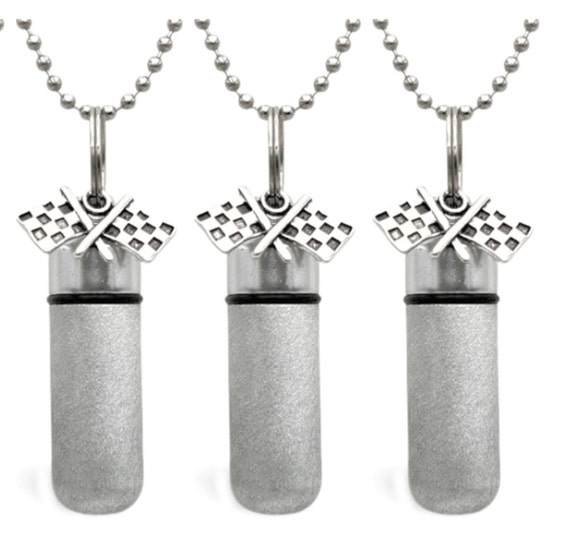 Set of Three PERSONALIZED Brushed Silver  Racing Flag CREMATION URNS on 24" Steel Ball Chain Necklaces - Ashes Jewelry, Urn Necklace