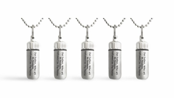 Set of 5 ENGRAVED Brushed Silver Anointing Oil Holder Necklaces "Our Father Who Art in Heaven...."  Includes 5 Pouches