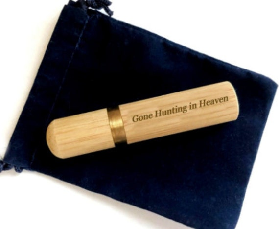 Engraved "Gone Hunting in Heaven" Natural Sandalwood Cremation Urn / Scattering Tube, Fits in Pocket/Purse, Very secure,  TSA Compliant