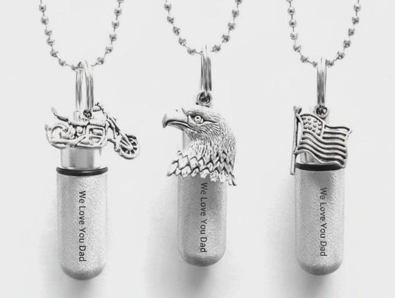 Set of Three DAD Cremation Urn Necklaces, Eagle, Flag & Motorcycle, Loss Of Father