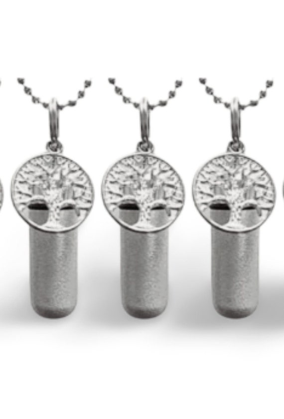 Set of THREE Brushed Silver Tree-Of-Life CREMATION URN Necklaces with Laser Engraved Hearts! Urn Necklace, Ashes Jewelry, Mourning Keepsake.