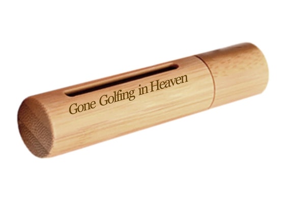 New Laser ENGRAVED "Gone Golfing in Heaven" Sandalwood Cremation Urn / Scattering Tube with Window - Fits Pocket or Purse, TSA Compliant