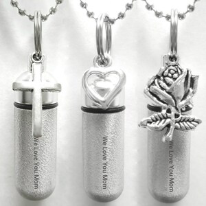 Three Engraved CREMATION URN NECKLACES "We Love You Mom"  Brushed Silver with Rose, Open Heart & Simple Cross - Memorial Keepsake, Urn Set