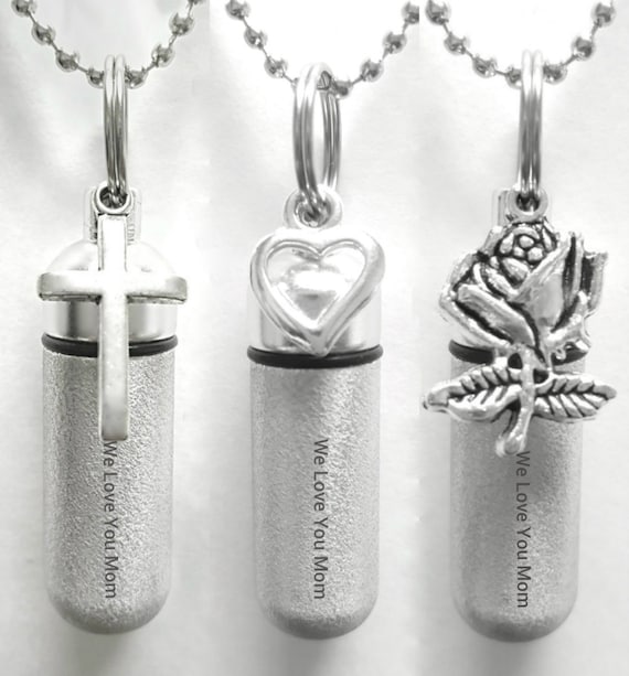 Three Engraved CREMATION URN NECKLACES "We Love You Mom"  Brushed Silver with Rose, Open Heart & Simple Cross - Memorial Keepsake, Urn Set