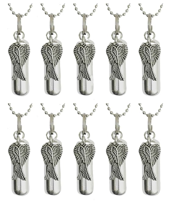 Set of Ten CREMATION URN NECKLACES, Polished Silver with Angel Wings - Ashes Necklace, Urn Jewelry, Memorial Jewelry, Urn for Human Ashes