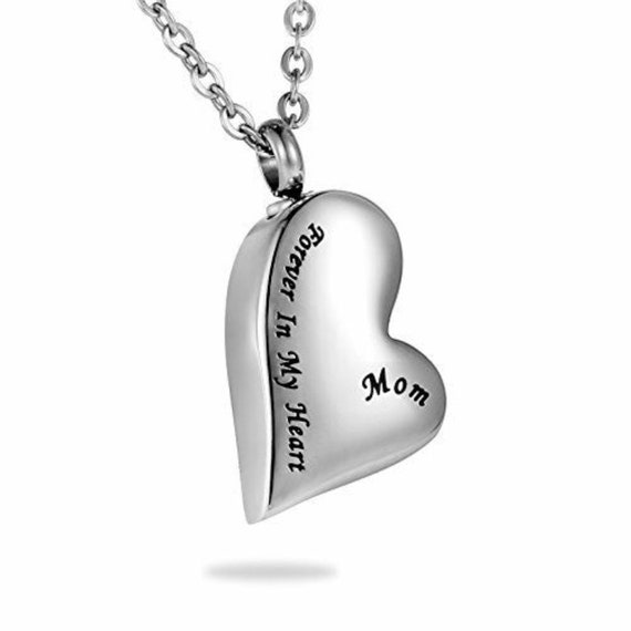 Beautiful Stainless Steel Heart "Forever In My Heart Mom" Cremation Urn on 24" Curb Chain Necklace - Mourning Keepsake, Memorial Jewelry