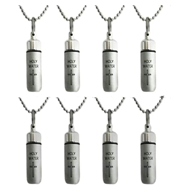 Set of EIGHT Brushed Silver Engraved HOLY WATER Bottle on Keychain, With 8 Pouches,  Ball Chains, &  Fill Kit