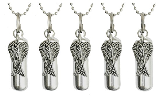 Set of 5 Polished Silver Angel Wings ANOINTING OIL Vial/Canisters with 5 Velvet Pouches, 5 Steel Ball-Chain Necklaces & 5 Pipette Droppers