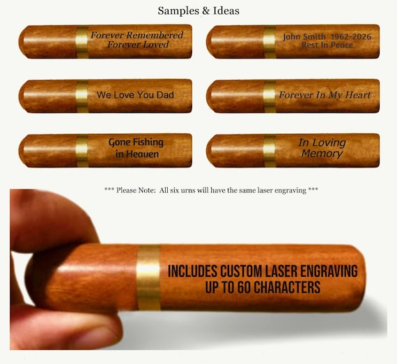 Set of Six PERSONALIZED Rosewood Cremation Urns / Scattering Tubes - Fits Pocket/Purse, Perfect for Travel, TSA Compliant, Custom Engraved