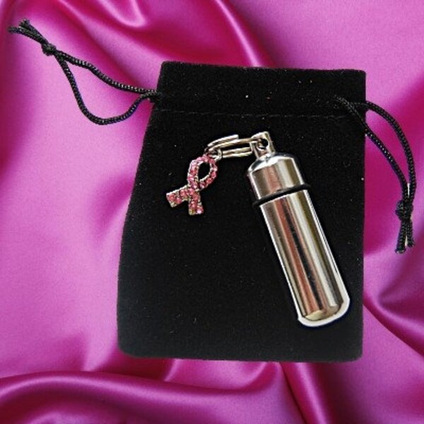 Cremation Urn with Jeweled Breast Cancer Awareness Charm, Keychain/Keepsake, w/Velvet Pouch & Fill Kit - Mourning Jewelry, Personalized Urn