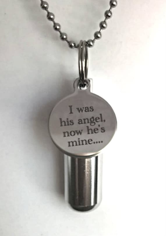 Engraved Stainless "I was his angel, now he's mine" CREMATION URN NECKLACE - Handcrafted, Memorial Keepsake, Ashes Jewelry, Child Loss