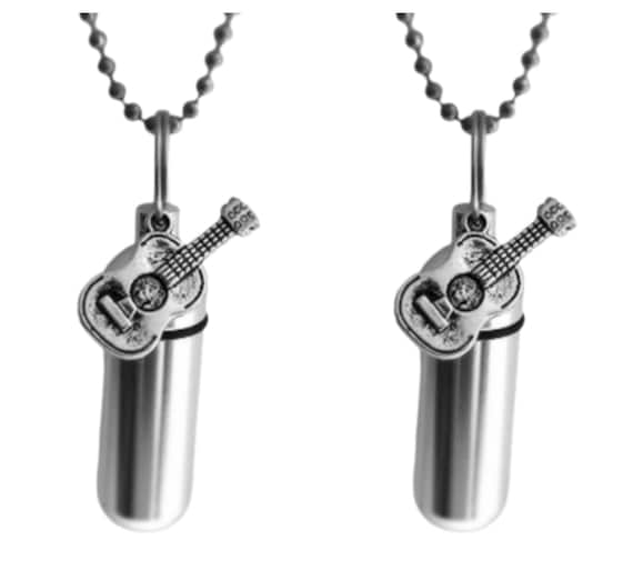 Set of TWO Silver CREMATION URN Necklaces with Acoustic/Folk Guitars - Memorial Jewelry, Ashes Necklace, Mourning Jewelry, Custom Engravable