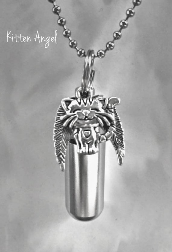 Adorable Silver Cremation Urn with Kitten / Kitty / Cat Angel Pendant on 24" Ball Chain Necklace - with Velvet Pouch and Fill Kit