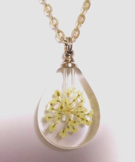 Clear Teardrop Crystal CREMATION URN NECKLACE with Embedded Dried Yellow Flowers (each one is unique) - Includes Velvet Pouch & Fill Kit