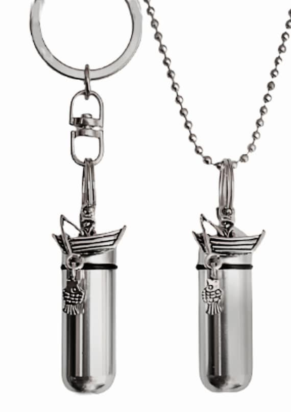 FISHERMAN Fishing Set of Two Cremation Urn Necklace & Urn Keychain (as shown) - Mourning Keepsake, Memorial Jewelry, Personalized Urns