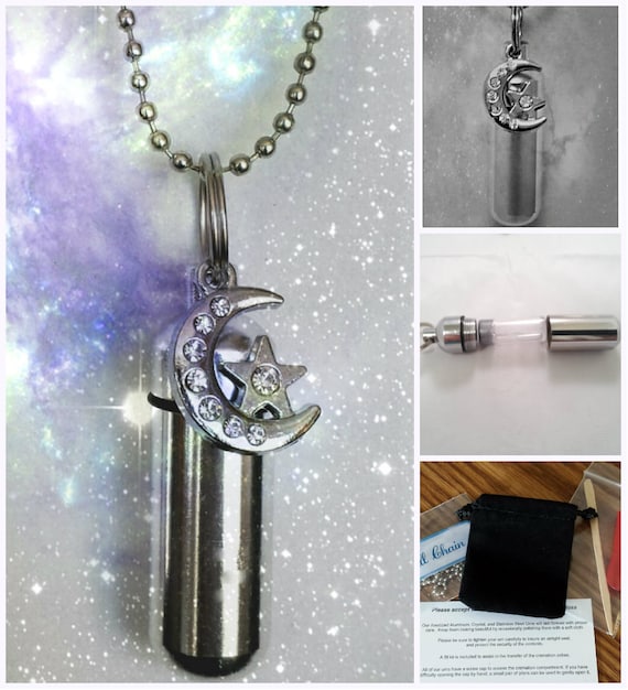 Complete Set - Crescent Moon & Star Cremation Urn on 24" Necklace  - Hand Assembled.... with Velvet Pouch and Fill Kit