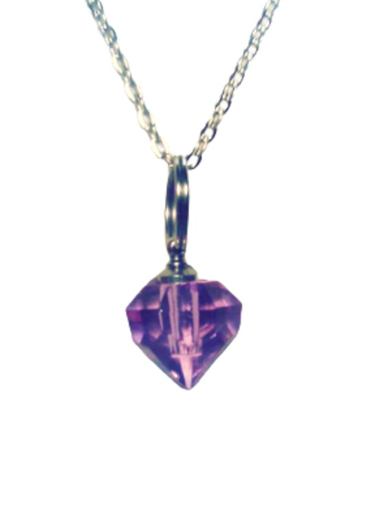 Violet Crystal Mourning Stone CREMATION URN on 24" Silver Necklace with Velvet Pouch and Mini Funnel