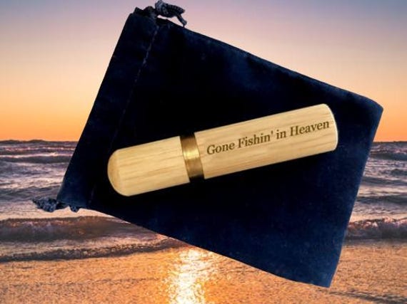 Engraved "Gone Fishin' in Heaven" Natural Sandalwood Cremation Urn / Scattering Tube, Fits in Pocket/Purse, Very secure,  TSA Compliant