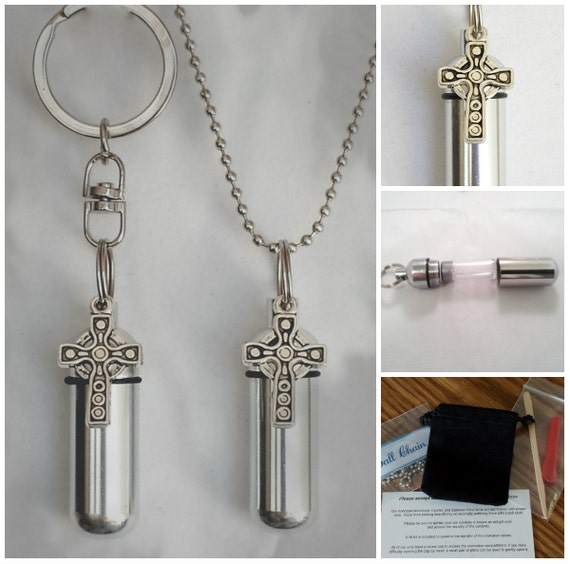 Celtic Cross  2pc. Special Set - Cremation Urn Necklace & Keychain Urn and Velvet Pouches