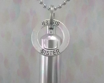 Silver Cremation Urn & holder on 24" Silver Necklace with SISTER Pendant - Hand Assembled.... with Velvet Pouch and Fill Kit
