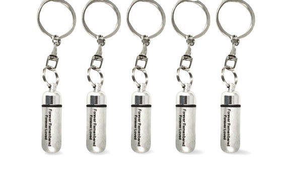 FIVE Engraved "Forever Remembered, Forever Loved" Brushed Silver CREMATION URNS On Steel Keychains, Ashes Keepsake, Urn Jewelry, Child Loss