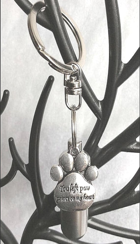 CREMATION URN KEEPSAKE "You left paw prints on my heart" on Stainless Steel Swivel Key Ring