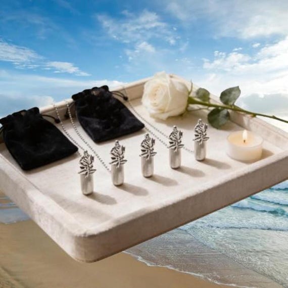 Memorial Rose Urn Necklaces, Silver (Set of 5 with Velvet Pouches)