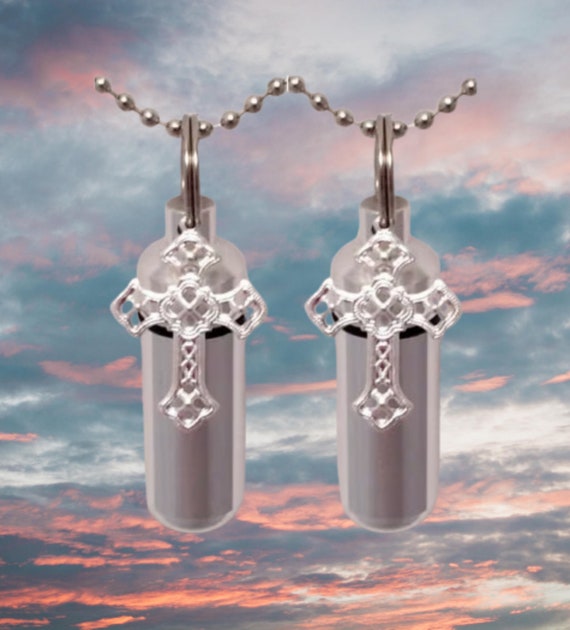 Set of TWO Silver Cross Anointing Oil Holders  - with 2 Velvet Pouches, 2 Ball Chain Necklaces.  Baptism, Confirmation, Communion, Healing