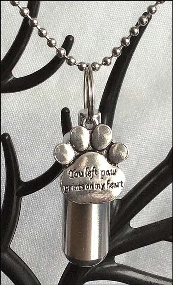 Personal Pet CREMATION URN Necklace "You left paw prints on my heart" with Velvet Pouch, 24" Steel Ball Chain & Fill Kit - Pet Urn, Dog Urn