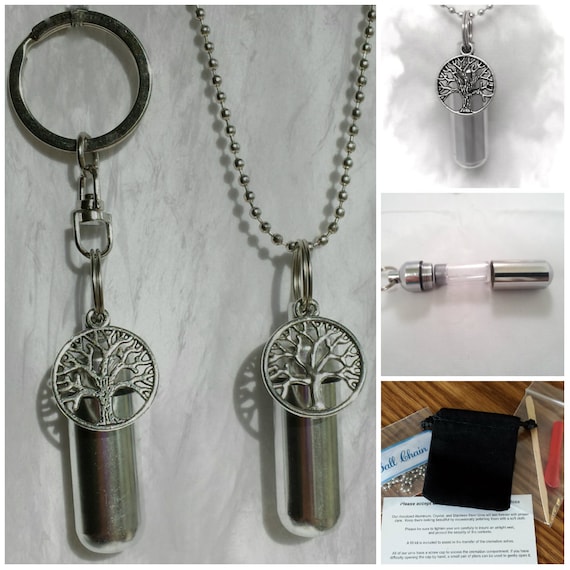 TREE OF LIFE 2pc Special Set - Cremation Urn Necklace & Keychain Urn with Velvet Pouch and Fill Kit