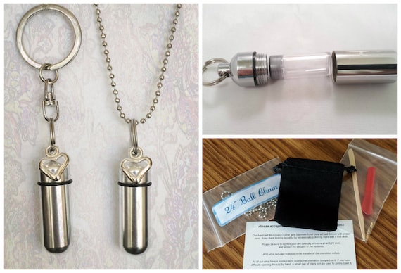 Silver OPEN HEART 2pc. Cremation Urn Set - One Necklace Urn & One Keychain Urn with Velvet Pouches