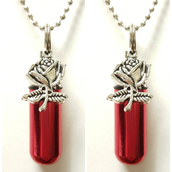TWO Beautiful Red CREMATION URN Necklaces with Silver Roses - Memorial Keepsakes, Urn Jewelry, Ashes Necklace, Personalized Urn