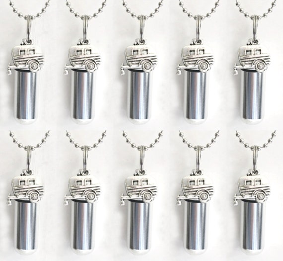 Lovely Set Of TEN Silver Camper/RV/Trailer Cremation Urn Jewelry/Necklaces with Ten 24" Ball-Chains, Ten Velvet Pouches, and Fill Kit
